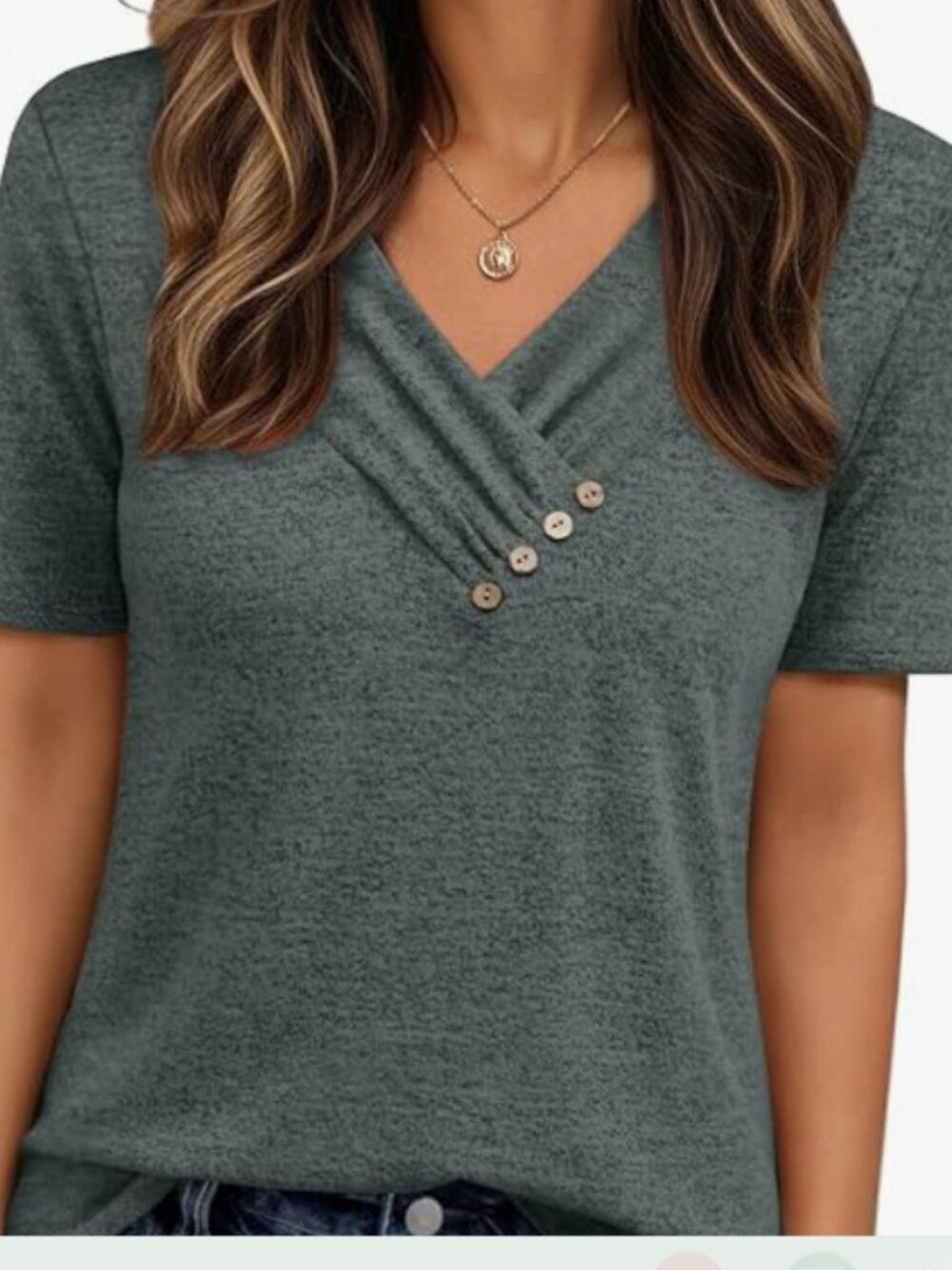 V Neck Short Sleeve Tunic Top - Button Detail - Picture 3 of 3